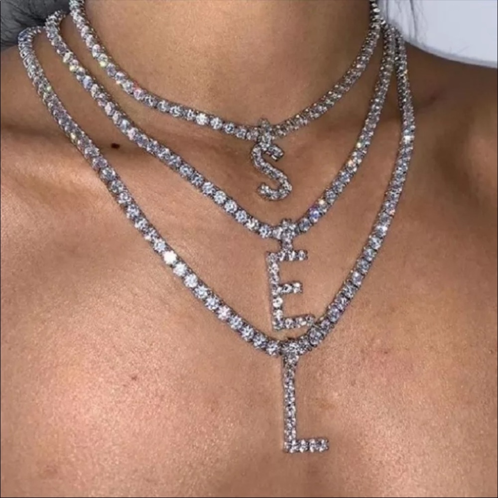 New Women’s Silver Plated Letter Diamond Necklace - Picture 2 of 6